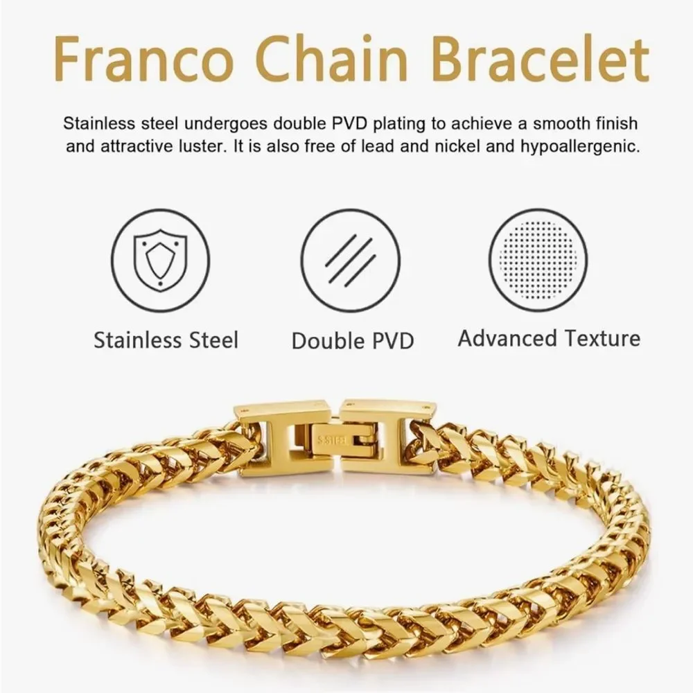 14K Gold Franco Chain Bracelet 6MM Stainless Steel Fold Over Clasp Heavy Link
